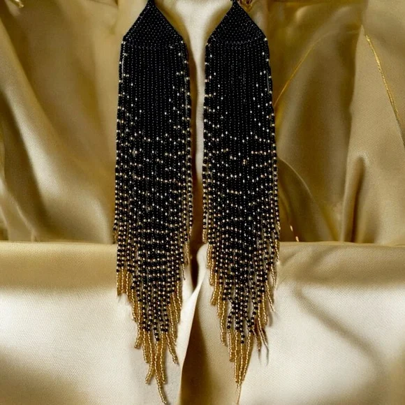 Dramatic Black and Gold Hand Beaded Cascade Earrings - Picture 3 of 16